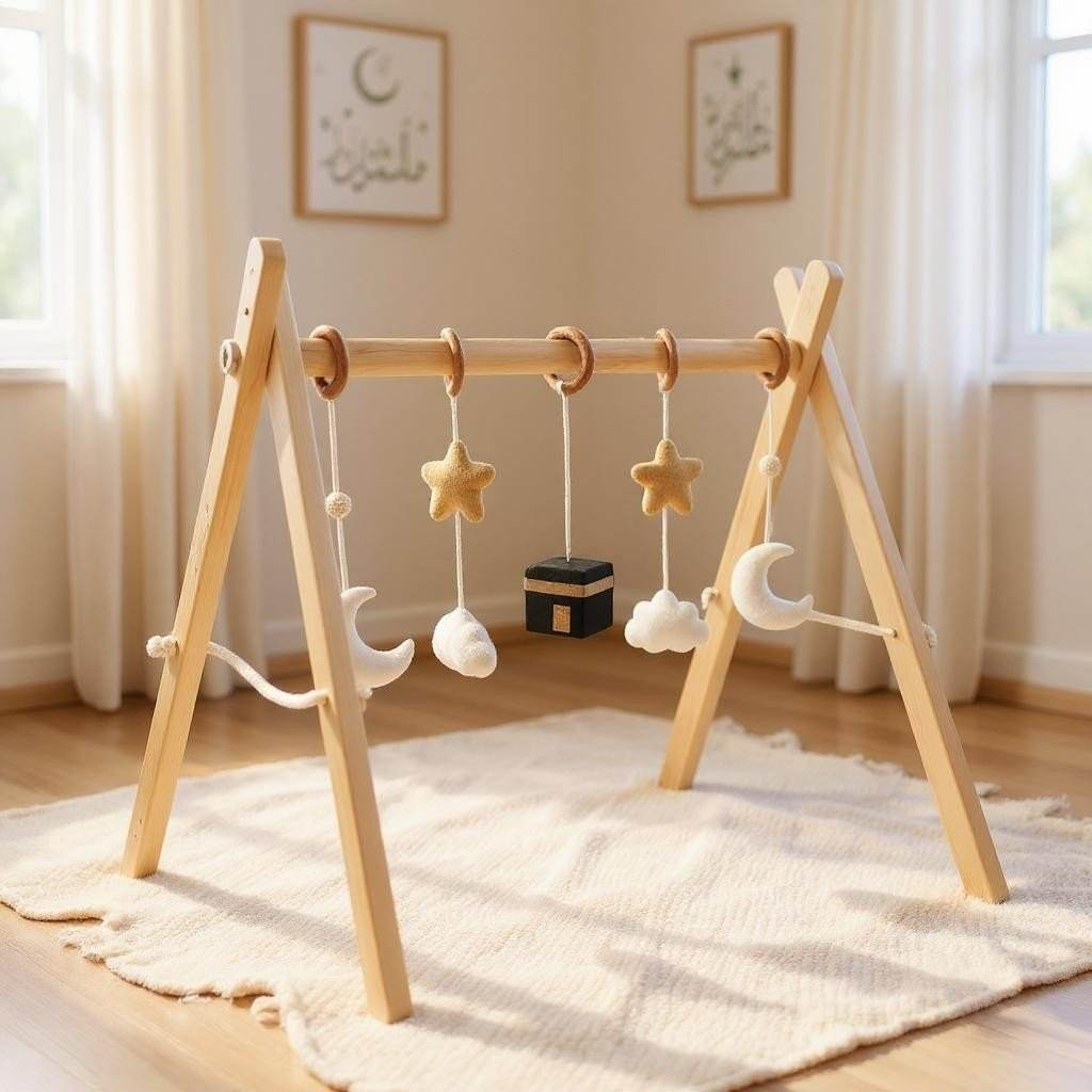 Wooden baby play arch with hanging toys and Islamic symbols, a safe and natural new baby gift