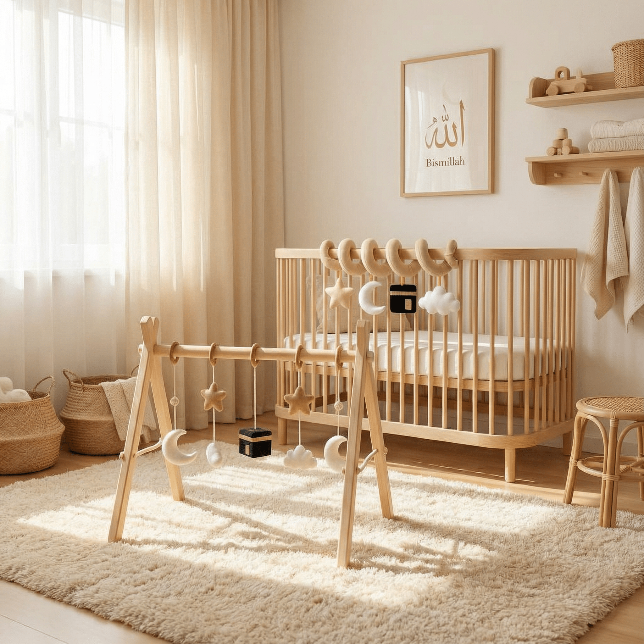 Extendable Kaaba spiral play arch that stimulates baby's senses, ideal for cosy time and pushchair
