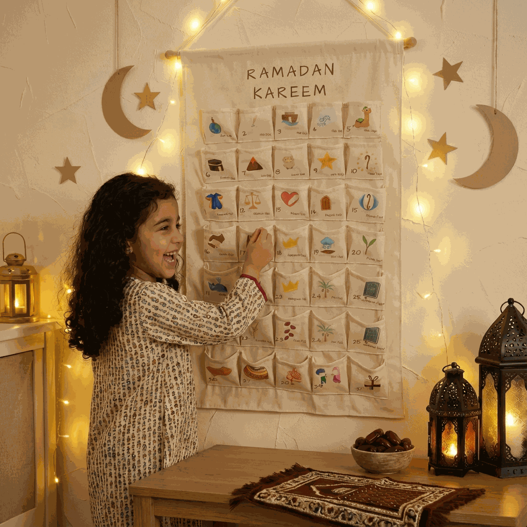 Wall Ramadan calendar with illustrated pockets, decorated with fairy lights and a warm family setting.
