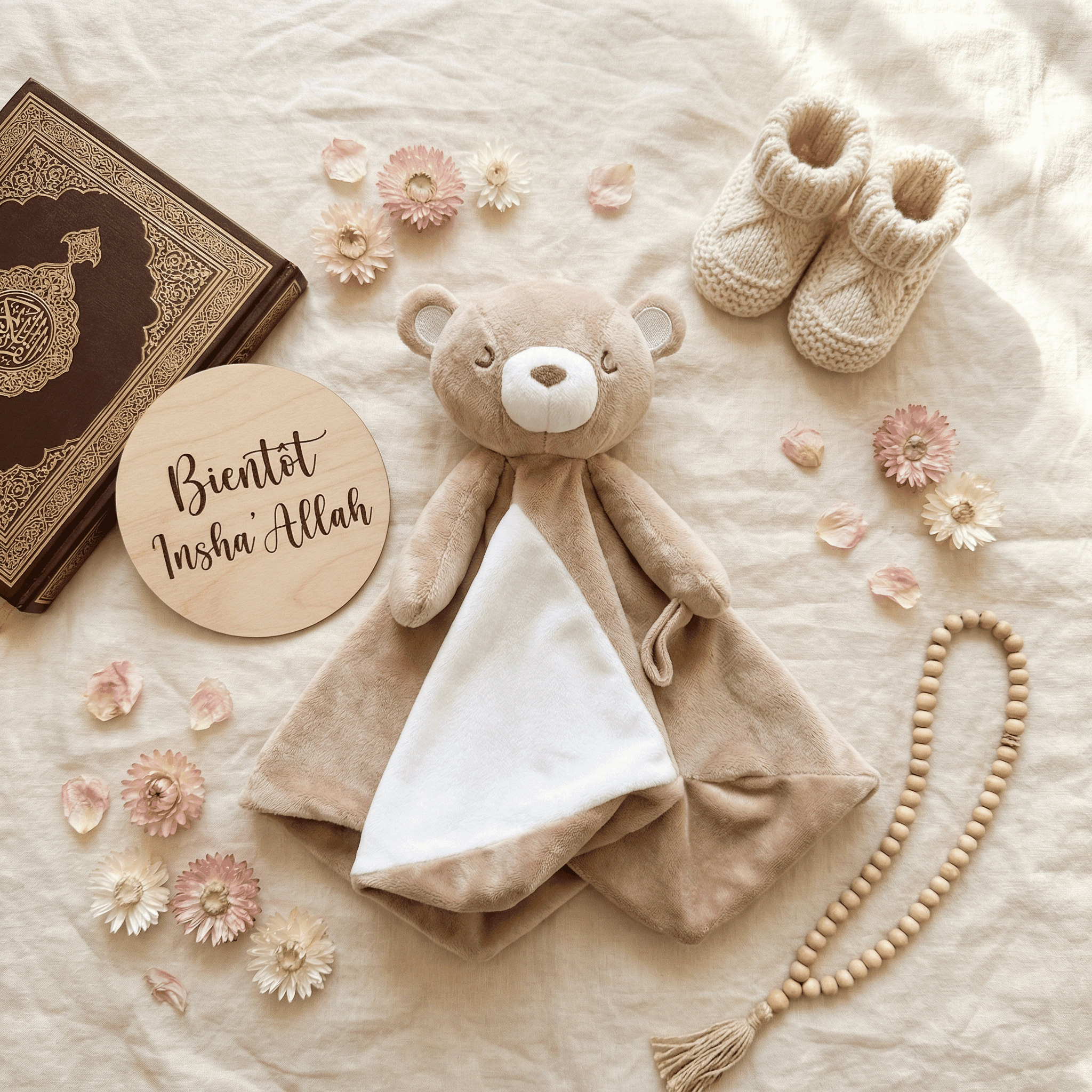 Newborn gift set with wooden activity arch, Quran comforter and hanging Kaaba arch bringing softness and calm to babies