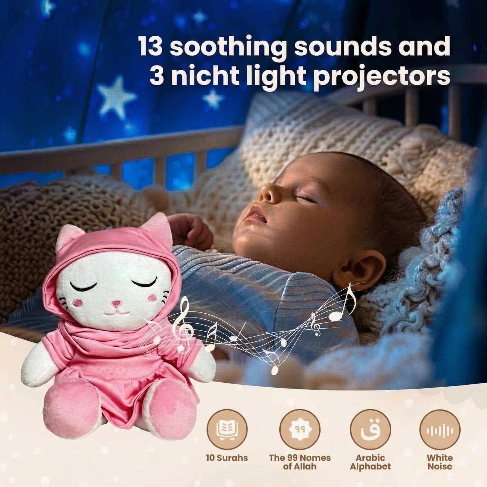 13 soothing sounds and 3 night light projectors