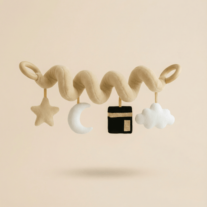 Kaaba spiral play arch for baby with star, moon, Kaaba and cloud toys, stretchy and easy to attach