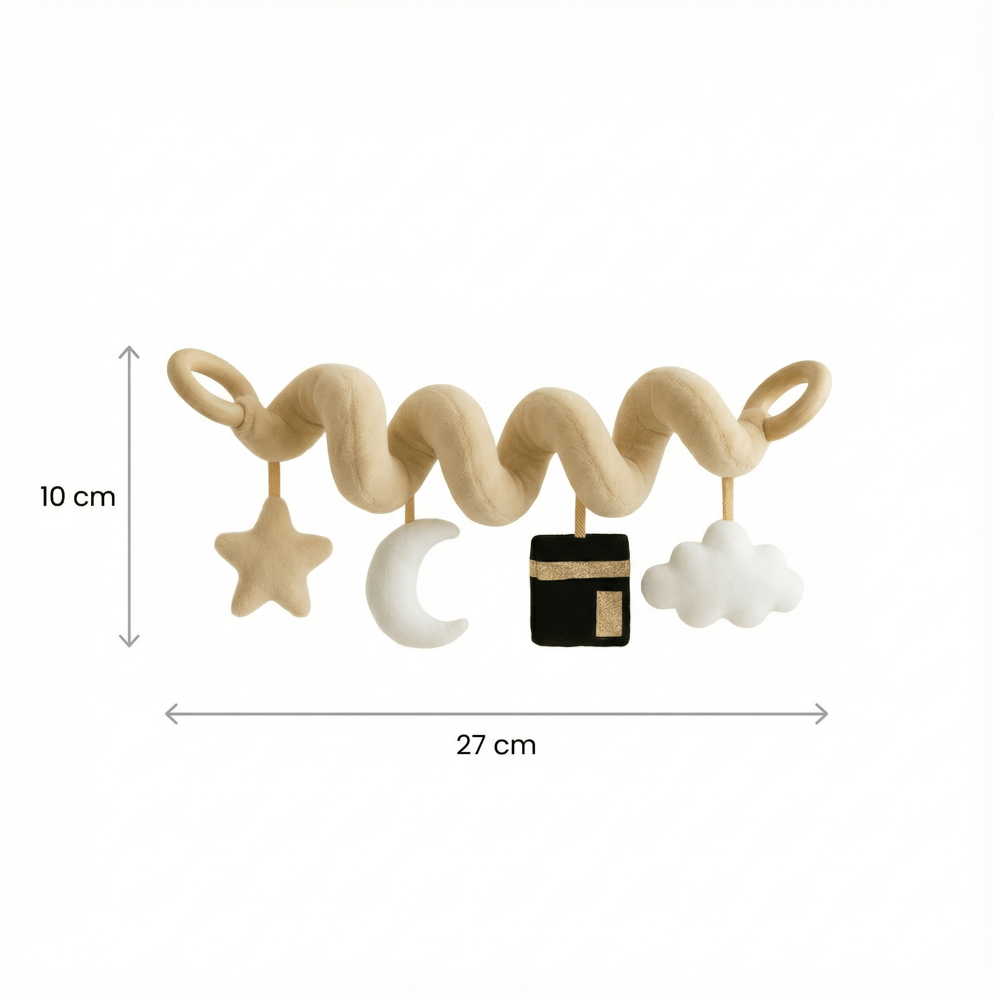 Beige spiral play arch with stars and moon for baby, stretchy and easy to attach.