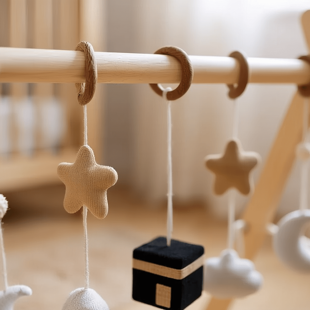 Wooden baby play arch with hanging toys and Islamic symbols, from birth