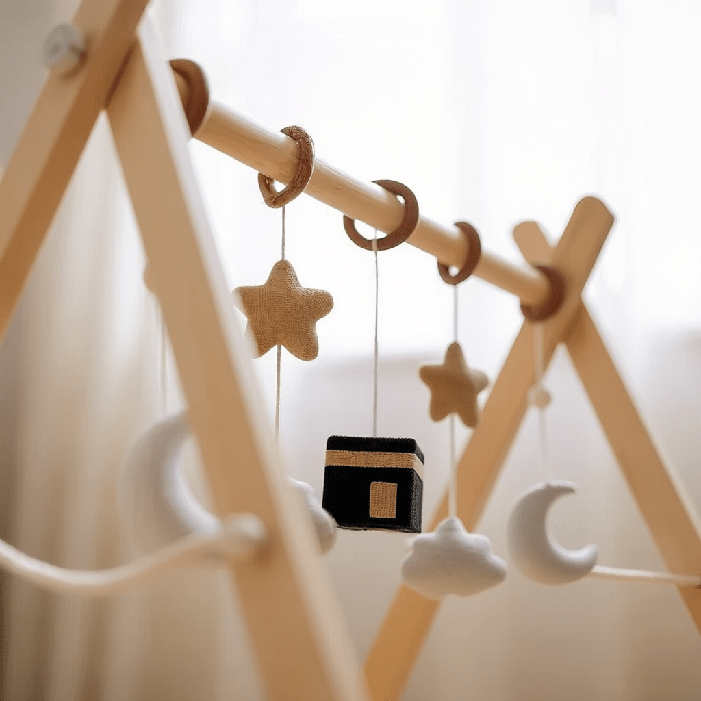 New baby gift set with wooden play arch, Quran comforter and hanging Kaaba arch for baby