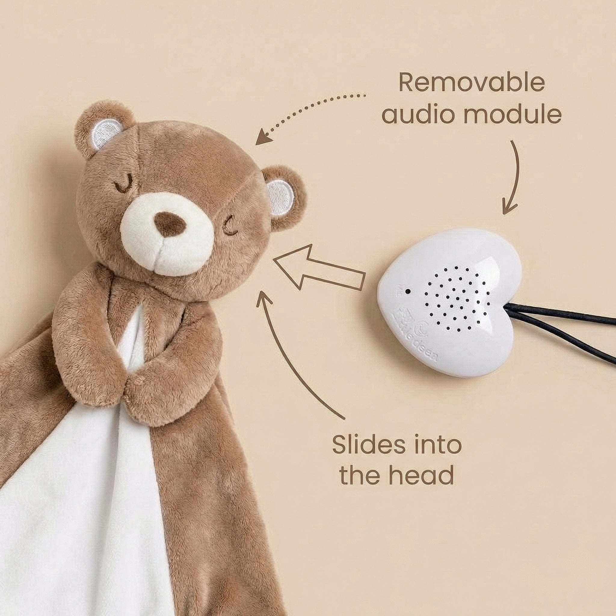 Removable audio module that slides into the comforter's head