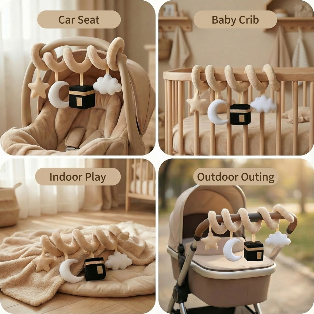 Spiral play arch for car seat, cot, indoor and outdoor use