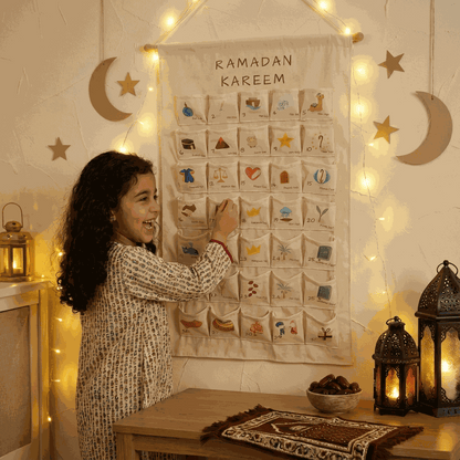 Wall Ramadan calendar with illustrated pockets, decorated with fairy lights and a warm family setting.