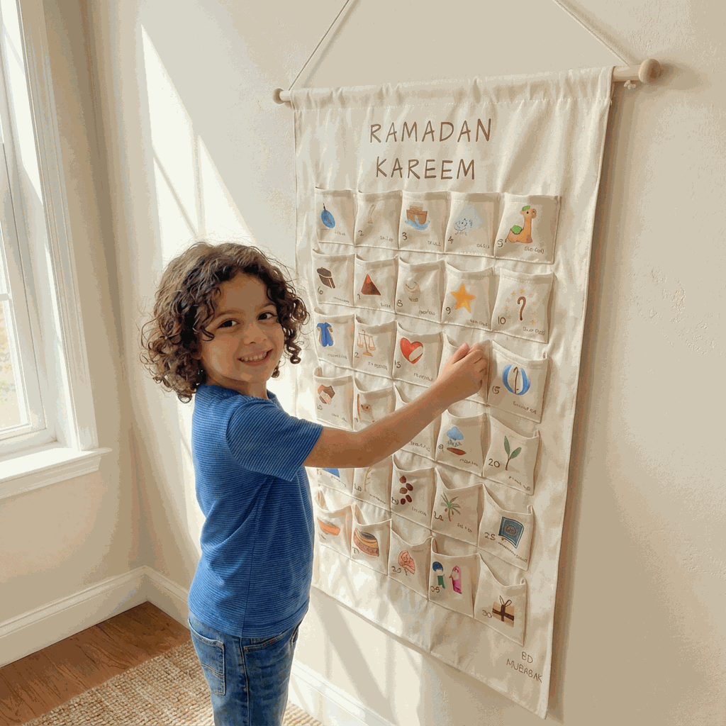 Wall-hanging fabric Ramadan calendar with illustrated pockets for a daily parent and child ritual.