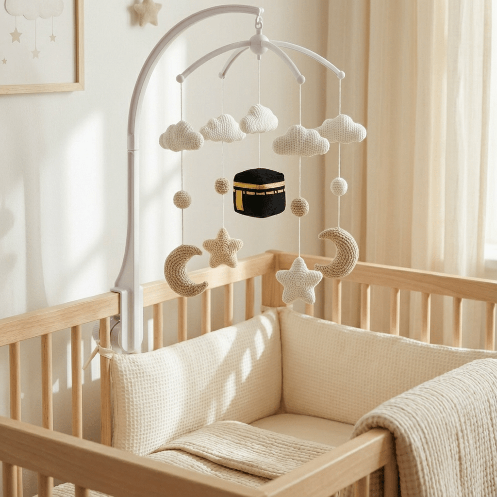 Baby Quran cot mobile with hand-stitched Kaaba design and built-in Bluetooth recitation