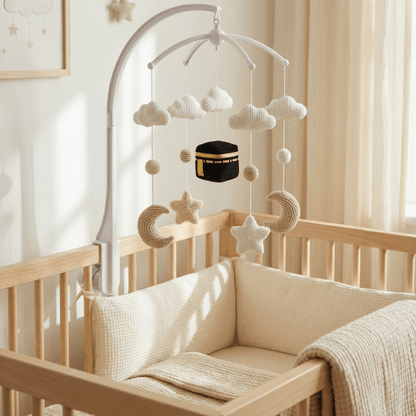 Baby Quran cot mobile with hand-stitched Kaaba design and built-in Bluetooth recitation
